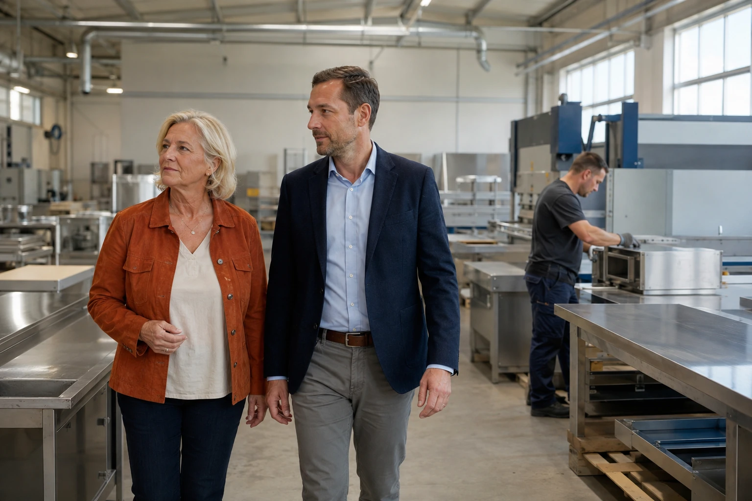 Inhaberin und Kaufinteressent besichtigen eine Fertigung für professionelle Edelstahlküchen